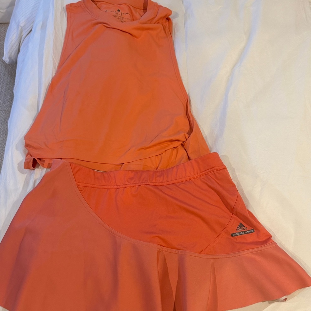 Stella McCartney Adidas Coral-Orange Athletic  Tennis Skirt M/L with tank Set